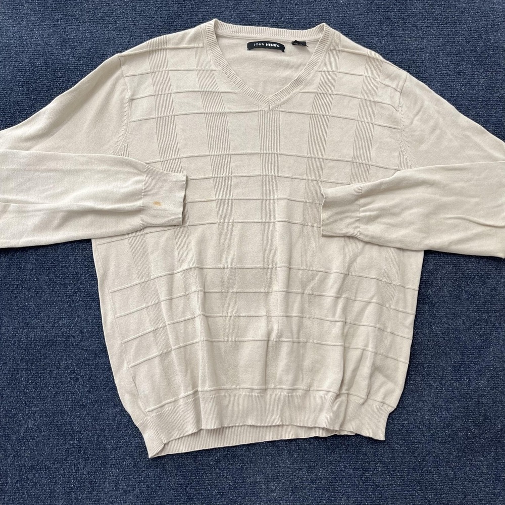 John Henry Sweater Mens‎ Large Beige V Neck Cotton Windowpane Knit Lightweight